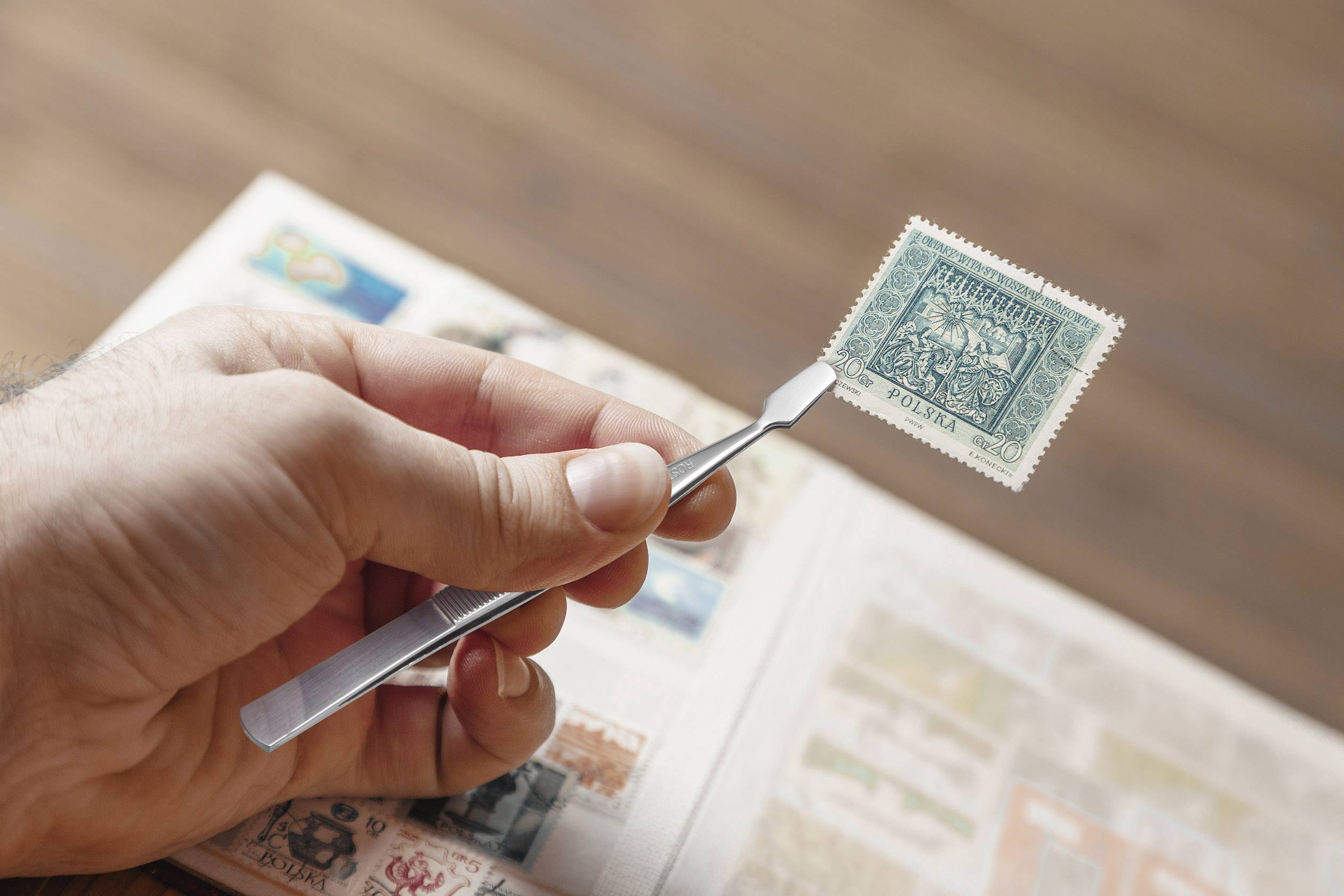 Jedna ręka trzyma pęsetą znaczek pocztowy nad albumem ze stronami do kolekcjonowania znaczków.
