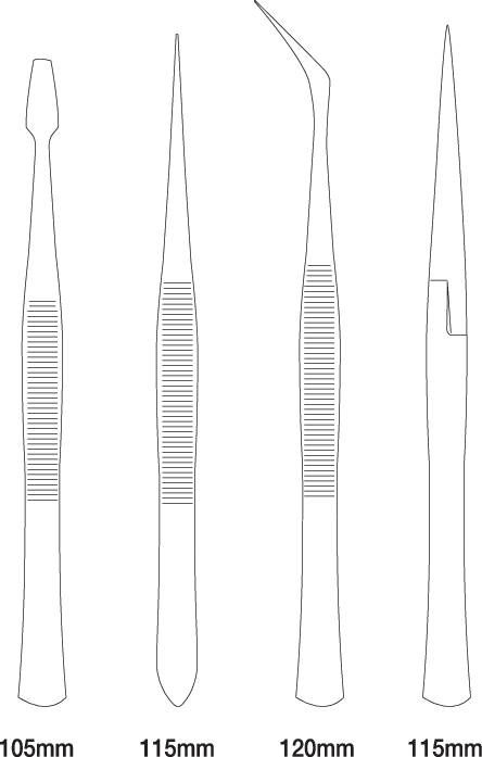 Cztery instrumenty chirurgiczne: płaskie narzędzie, pinceta prosta, pinceta zagięta oraz pinceta z blokadą bezpieczeństwa, ułożone w kolejności.