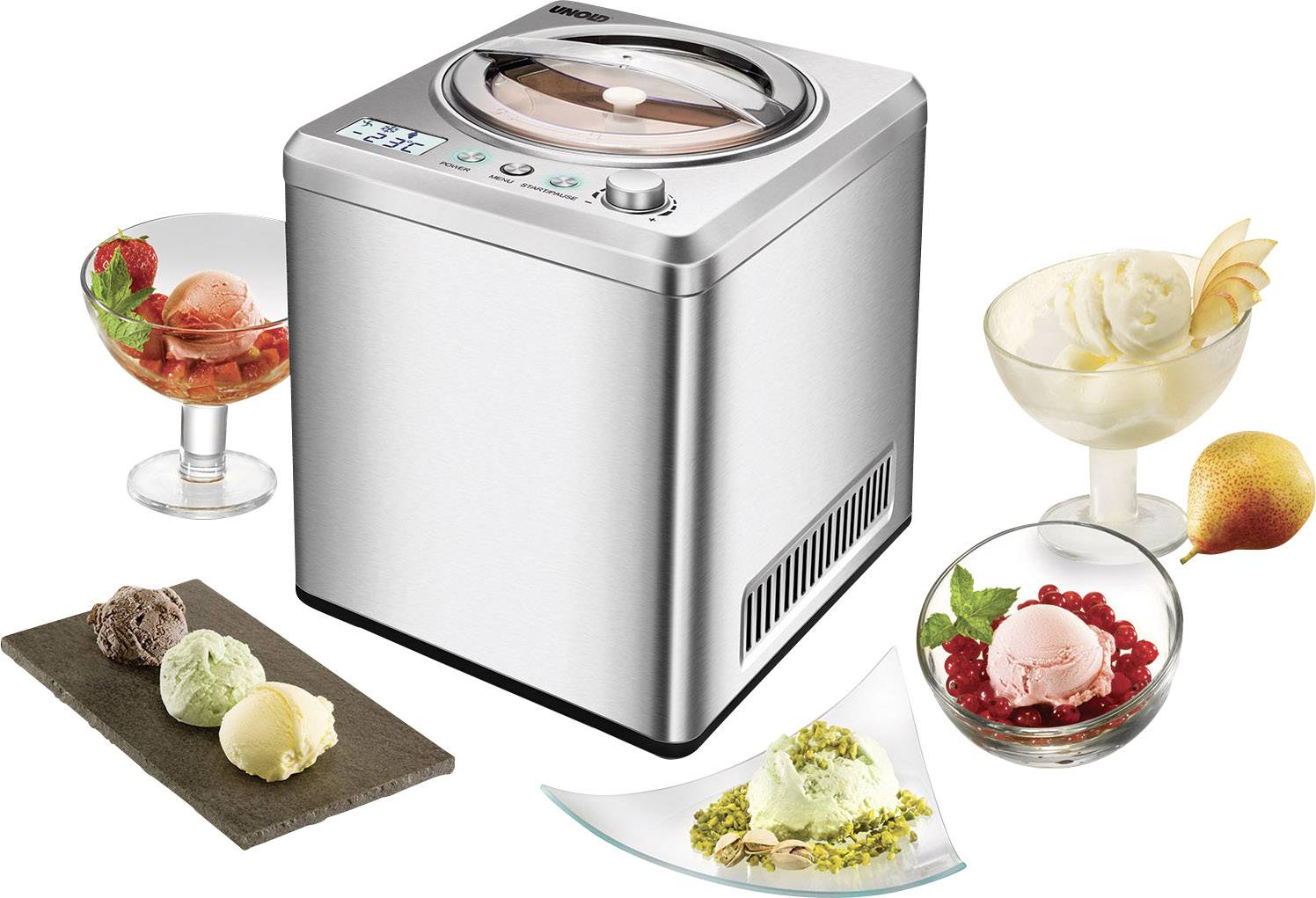 Maszyna do lodów ze stali nierdzewnej z wyświetlaczem cyfrowym, otoczona różnymi miskami z lodami i deserami.