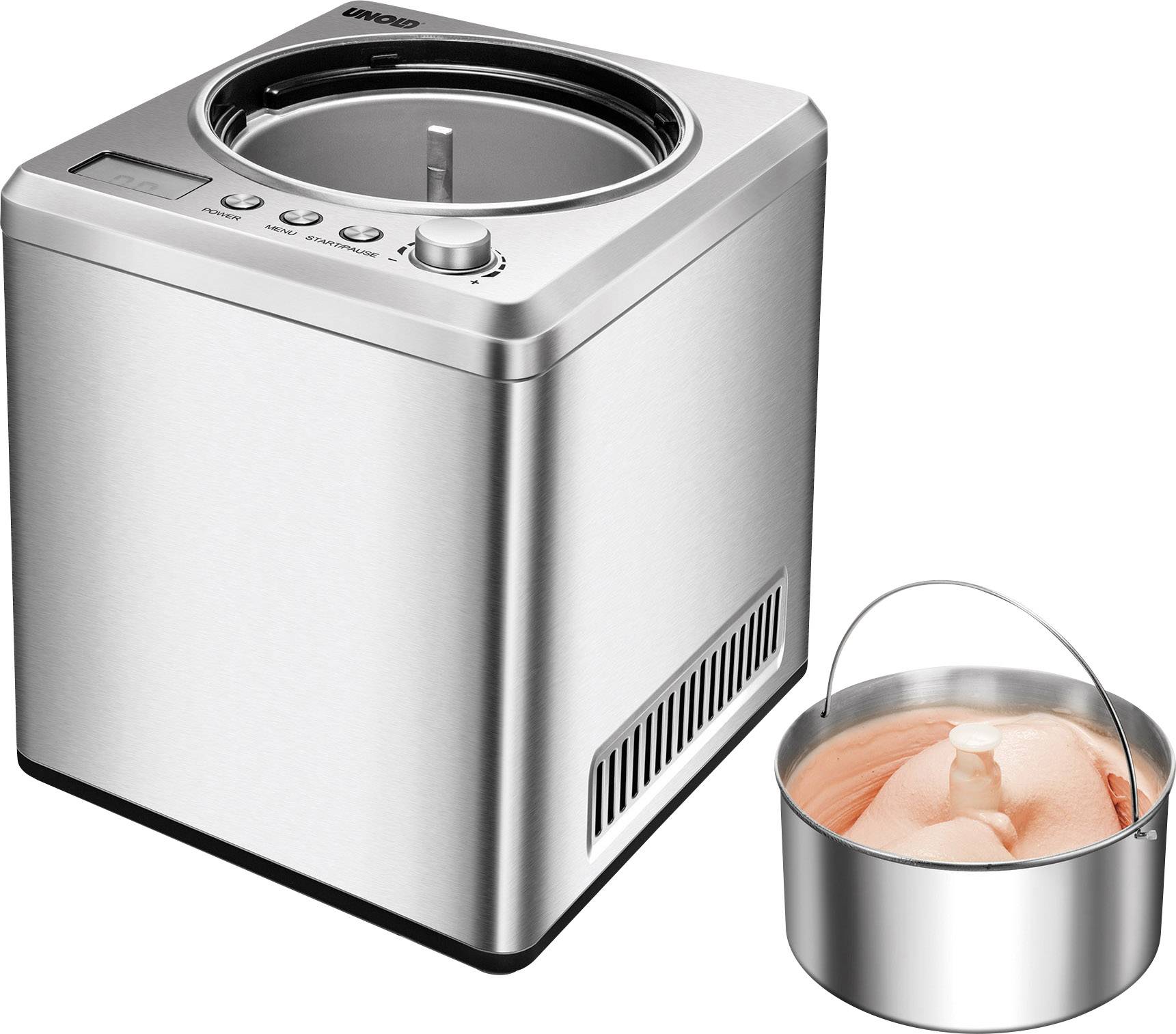 Pokrywa srebrnej maszyny do lodów z wyjmowanym pojemnikiem obok. Idealna do szybkiego przygotowywania lodów w domu.