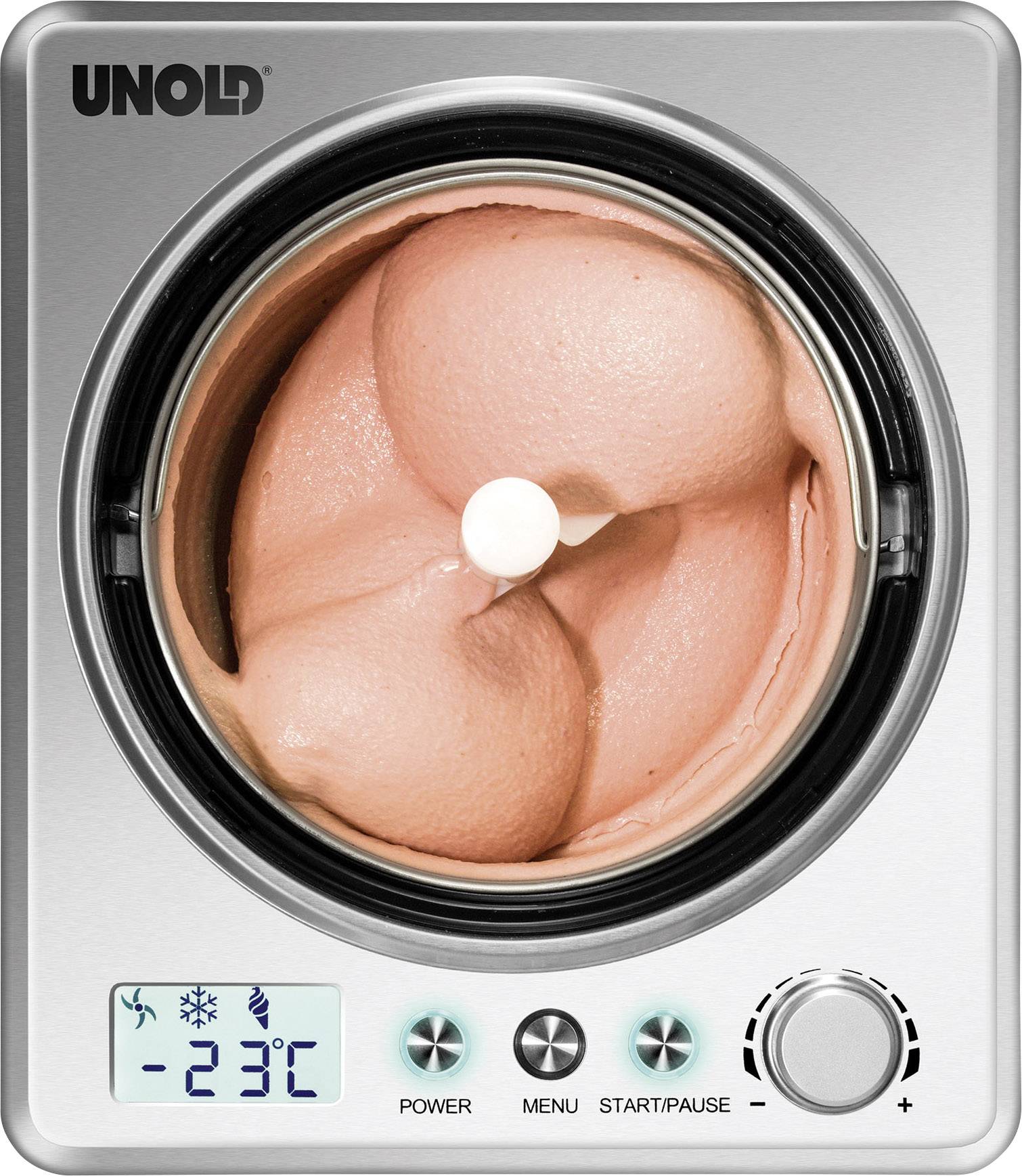 Maszyna do lodów z wyświetlaczem cyfrowym pokazuje -23°C. Różowe lody są mieszane. Dostępne są przyciski zasilania, menu oraz start/pauza.