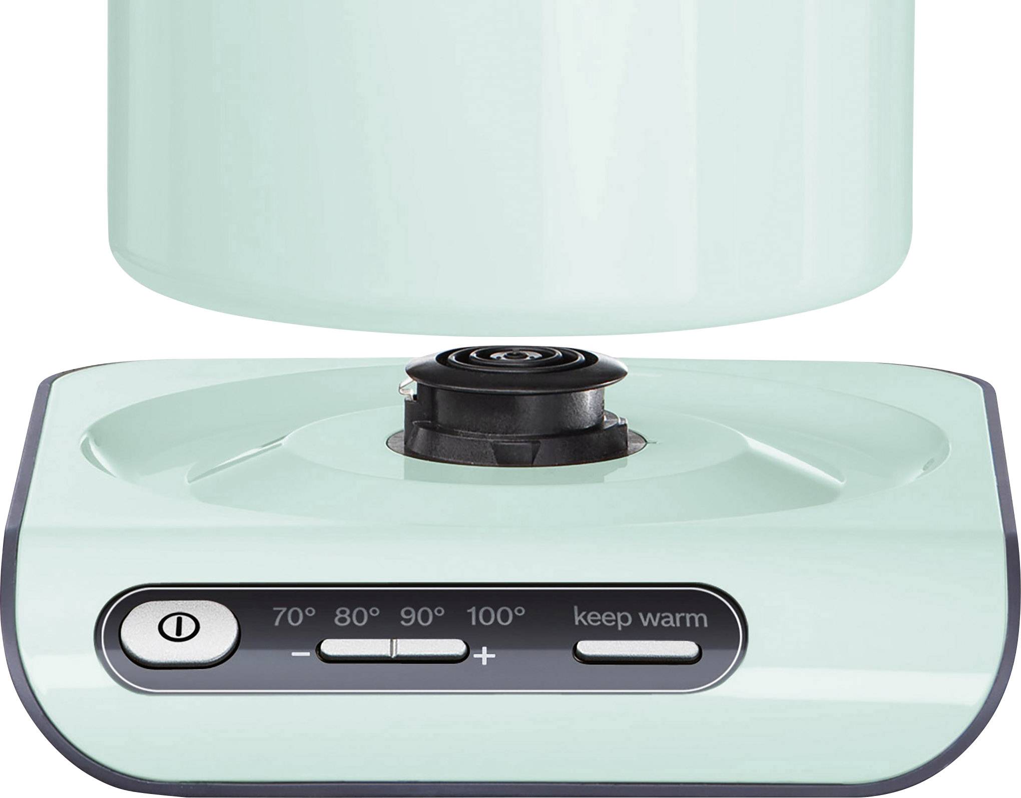 Zielona podstawa czajnika z panelem sterowania. Wyświetla ustawienia temperatury od 70 do 90 stopni oraz funkcję utrzymywania ciepła.