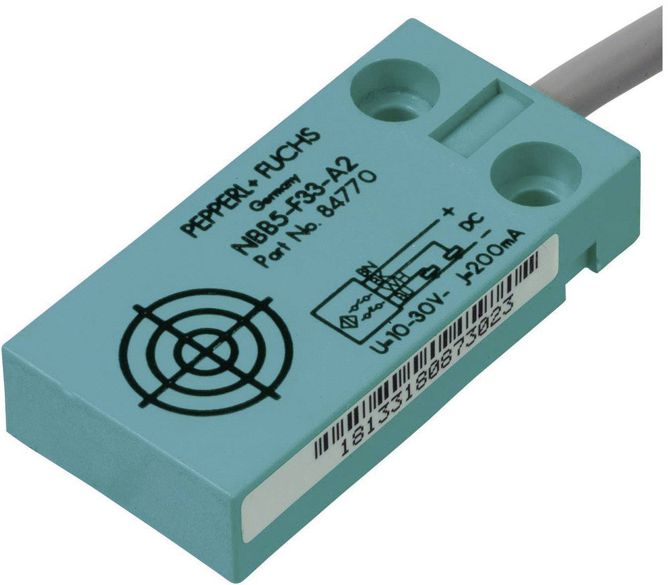 Czujnik indukcyjny Pepperl+Fuchs NBB5-18GM50-A2 w kolorze turkusowym, kwadratowy, z przewodem przyłączeniowym. Stosowany w przemysłowych systemach automatyzacji.