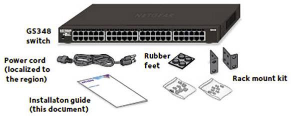 Zdjęcie przedstawia switch Netgear GS348 wraz z akcesoriami: przewodem zasilającym, gumowymi stopkami, zestawem do montażu w szafie rack oraz instrukcją instalacji.