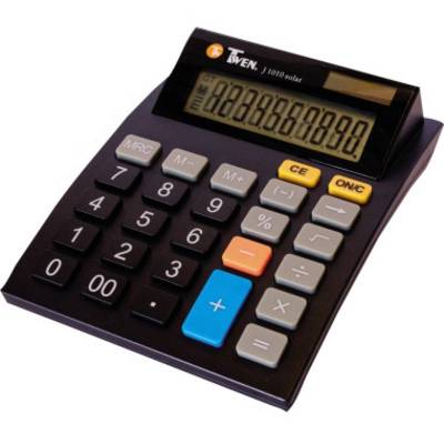 Czarny kalkulator z dużym wyświetlaczem, pokazujący liczbę '88888888', oferujący podstawowe funkcje obliczeniowe z kolorowymi przyciskami.