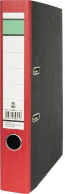 Czerwony segregator z czarnym grzbietem, ustawiony pionowo, prezentuje etykietę gotową do opisu. Idealny do przechowywania dokumentów.