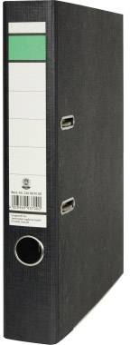 Czarny segregator z etykietą na grzbiecie, zielonym oznaczeniem u góry, miejscem na opisy i okrągłą rączką do przenoszenia.