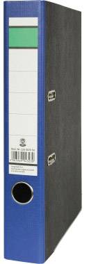 Niebieski segregator z etykietą na boku, przeznaczony do archiwizacji dokumentów, wyposażony w dwa metalowe oczka dla zapewnienia stabilności.