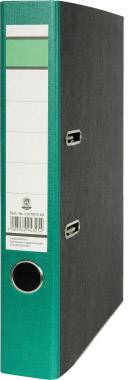 Zielony segregator z czarnym grzbietem, dwiema metalowymi klamrami i etykietą opisową z boku.