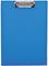 Niebieska plastikowa deska typu clipboard z srebrnym zaciskiem umieszczonym pośrodku górnej krawędzi.