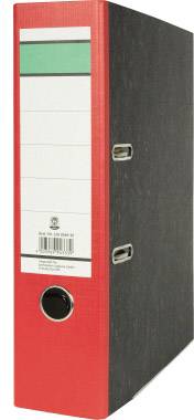 Czerwona segregator z polem do opisu i metalowymi zaczepami z boku, ustawiona w pozycji pionowej.