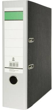 Czarny segregator z zielonkawą etykietą na przedniej stronie i dwoma metalowymi dźwigniami z boku.