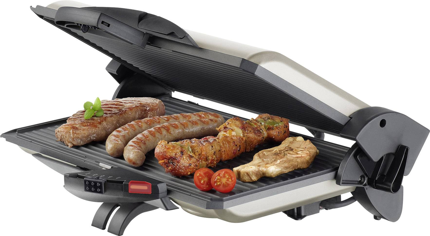 Grill kontaktowy z otwartą pokrywą grilluje różne kawałki mięsa, w tym stek, kiełbaski i kurczaka, podane z pomidorami.