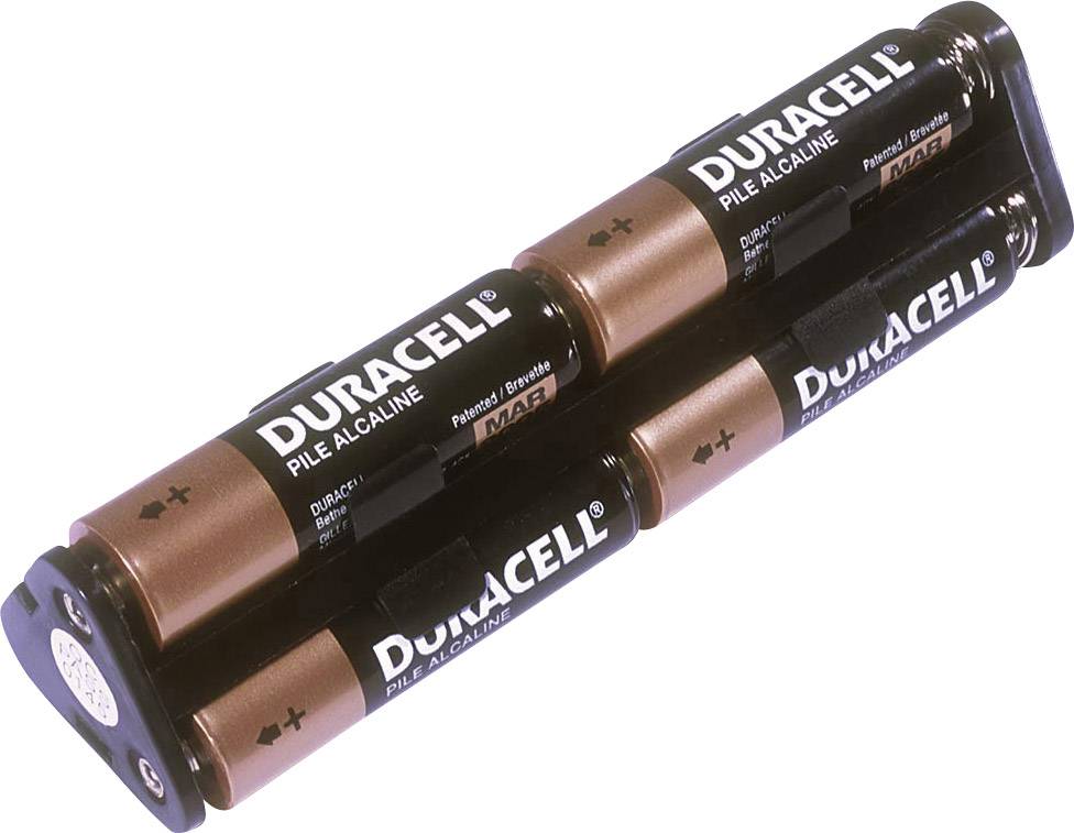 Cztery połączone baterie alkaliczne Duracell AA.