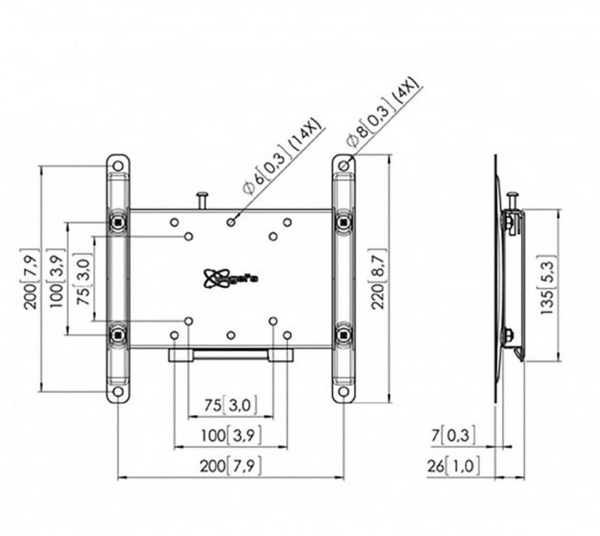 Rysunek techniczny wspornika ściennego z wymiarami w milimetrach i calach. Przedstawia widok z boku i z przodu wraz ze szczegółowymi informacjami.