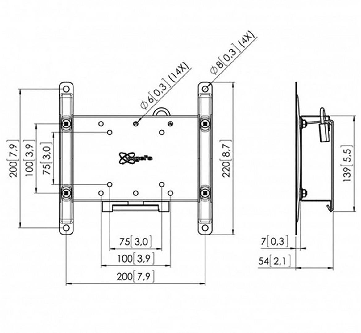 Rysunek techniczny wspornika ściennego z wymiarami: wysokość 200 mm, szerokość 200 mm, głębokość 54 mm. Przedstawia widok z przodu i z boku wraz z punktami montażowymi.
