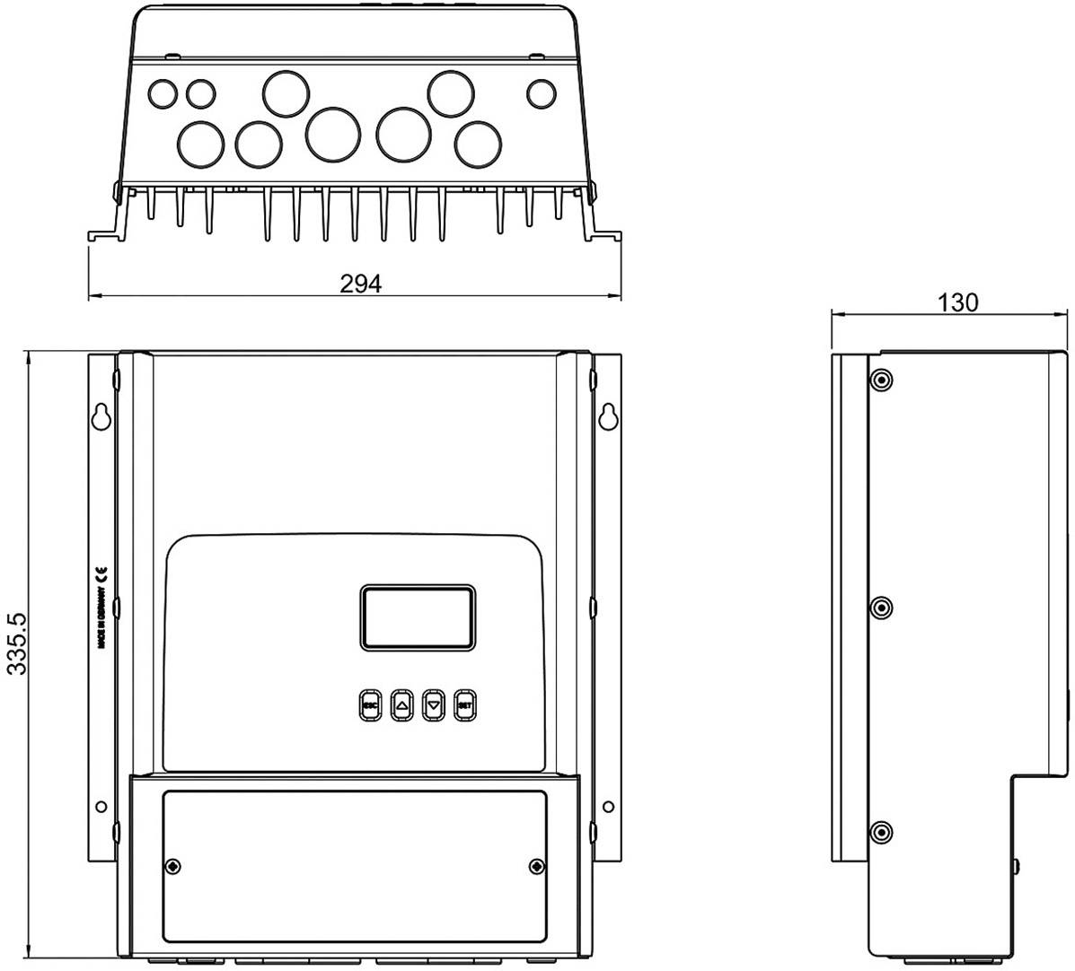 Rysunek techniczny urządzenia elektrycznego z wymiarami: szerokość 294 mm, głębokość 130 mm, wysokość 335 mm. Widok z przodu i z boku.