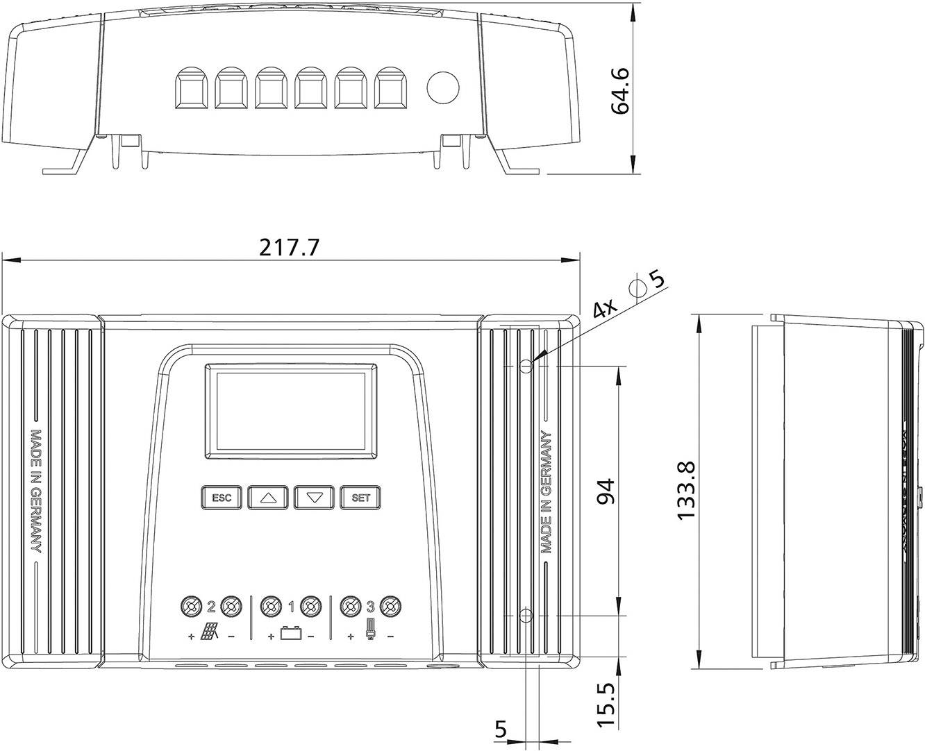 Rysunek techniczny urządzenia z wymiarami: szerokość 217,7 mm, wysokość 94 mm, głębokość 133,8 mm. Widok z przodu przedstawia wyświetlacz i przyciski.