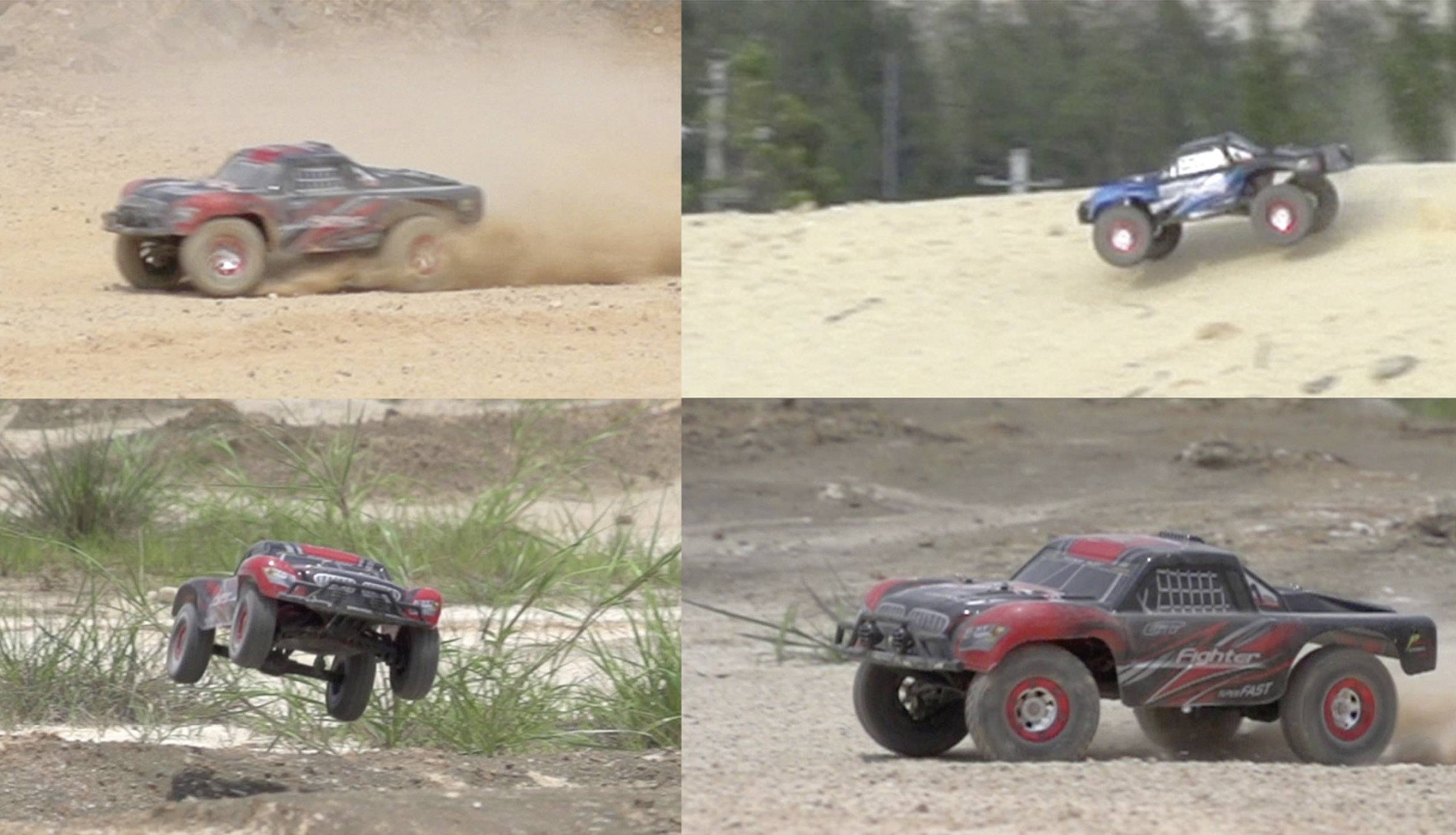 Cztery miniaturowe samochody terenowe jadą i skaczą po piaszczystej trasie off-road. Szybkie ruchy i kurz obrazują dynamikę.