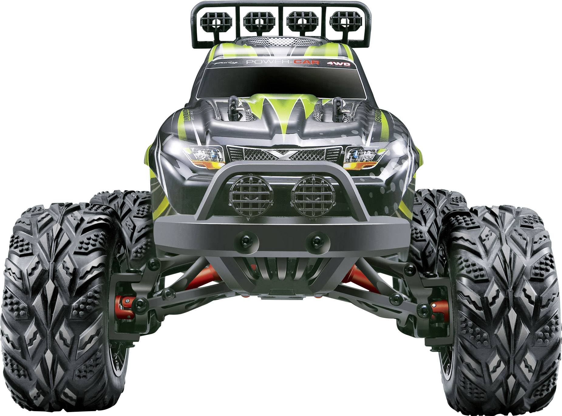 Zdalnie sterowane autko monster truck w kolorach czarnym i zielonym z wielkimi kołami i reflektorami, widziane od przodu.