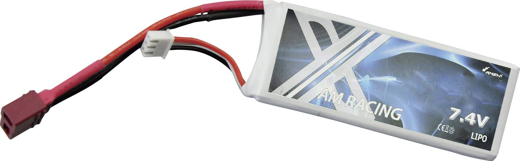 Akumulator LiPo 7,4V i 450mAh, z etykietą AM Racing, z dwoma złączami kablowymi, odpowiedni do modeli zdalnie sterowanych.