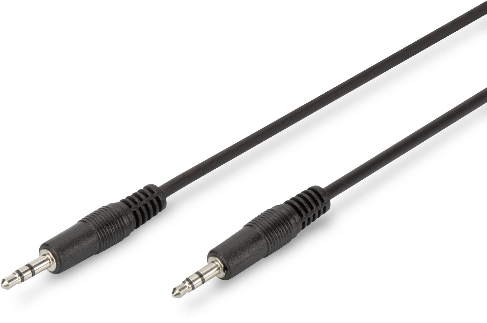 Czarny kabel audio z wtyczkami jack 3,5 mm na obu końcach; odpowiedni do podłączania urządzeń audio.