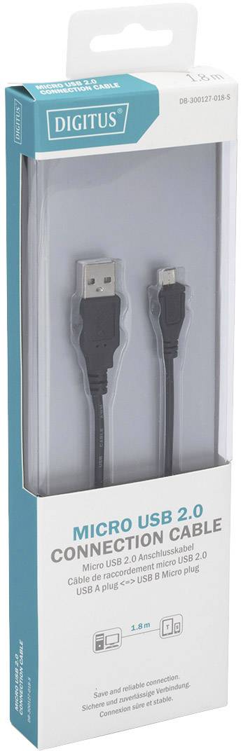 Kabel połączeniowe Micro USB 2.0 w opakowaniu, przedstawiające przewód z wtyczką USB-A na złącze Micro USB do podłączania urządzeń.
