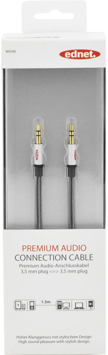 Przewód audio premium z wtyczkami 3,5 mm, kabel w kolorze czarnym. Długość: 1,5 m, o stylowym designie.