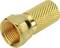 Złoty adapter F wtykowy z karbowanym uchwytem zapewniającym pewny chwyt, stosowany do łączenia kabli koncentrycznych w technice telewizyjnej.