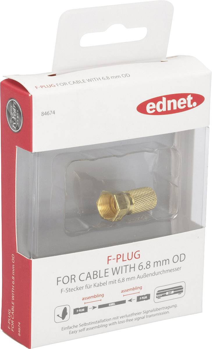 Opakowanie złącza F dla kabli o średnicy zewnętrznej 6,8 mm. Marka: ednet. Zawiera instrukcje montażowe na opakowaniu.