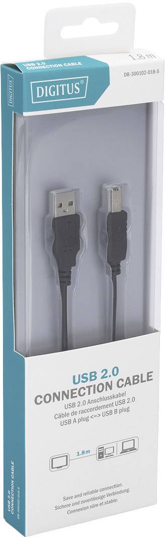 Kabel USB 2.0, długość 1,8 m, w opakowaniu. Odpowiednie dla urządzeń z gniazdem USB-A.