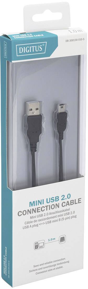 Kabel Digitus USB 2.0 Mini ze złączem USB-A i Mini-USB, o długości 1,8 metra, przeznaczony do przesyłania danych. Opakowanie umożliwia podgląd kabla przez plastikowe okienko.
