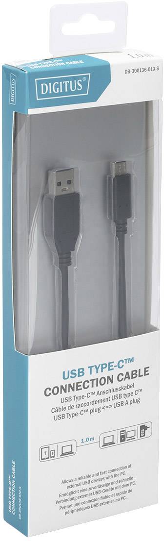 Opakowanie przewodu połączeniowego USB-C firmy Digitus, przeznaczonego do przesyłania danych i ładowania, o długości 1 metra.