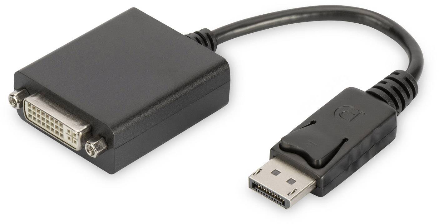 Czarny kabel adapter z wtykiem DVI po jednej stronie i wtyczką DisplayPort po drugiej stronie.