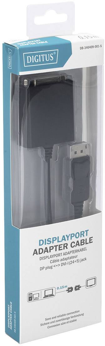Kabel adaptera DisplayPort firmy Digitus w opakowaniu. Łączy wtyk DP z gniazdem DVI-D (24+5). Idealny do monitorów i projektorów.