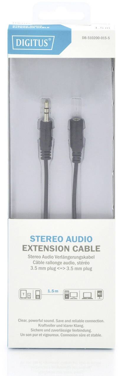 Opakowanie przedłużacza audio stereo, wtyk 3,5 mm do gniazda 3,5 mm, długość 1,5 m, marka 'Digitus'.