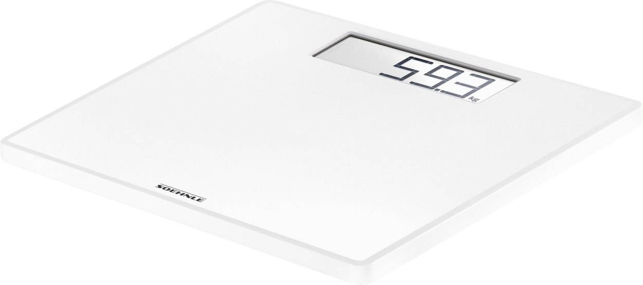 Cyfrowa waga łazienkowa wskazuje '59,3'. Biała, minimalistyczna stylistyka powierzchni, wyświetlacz LCD w prawym górnym rogu.
