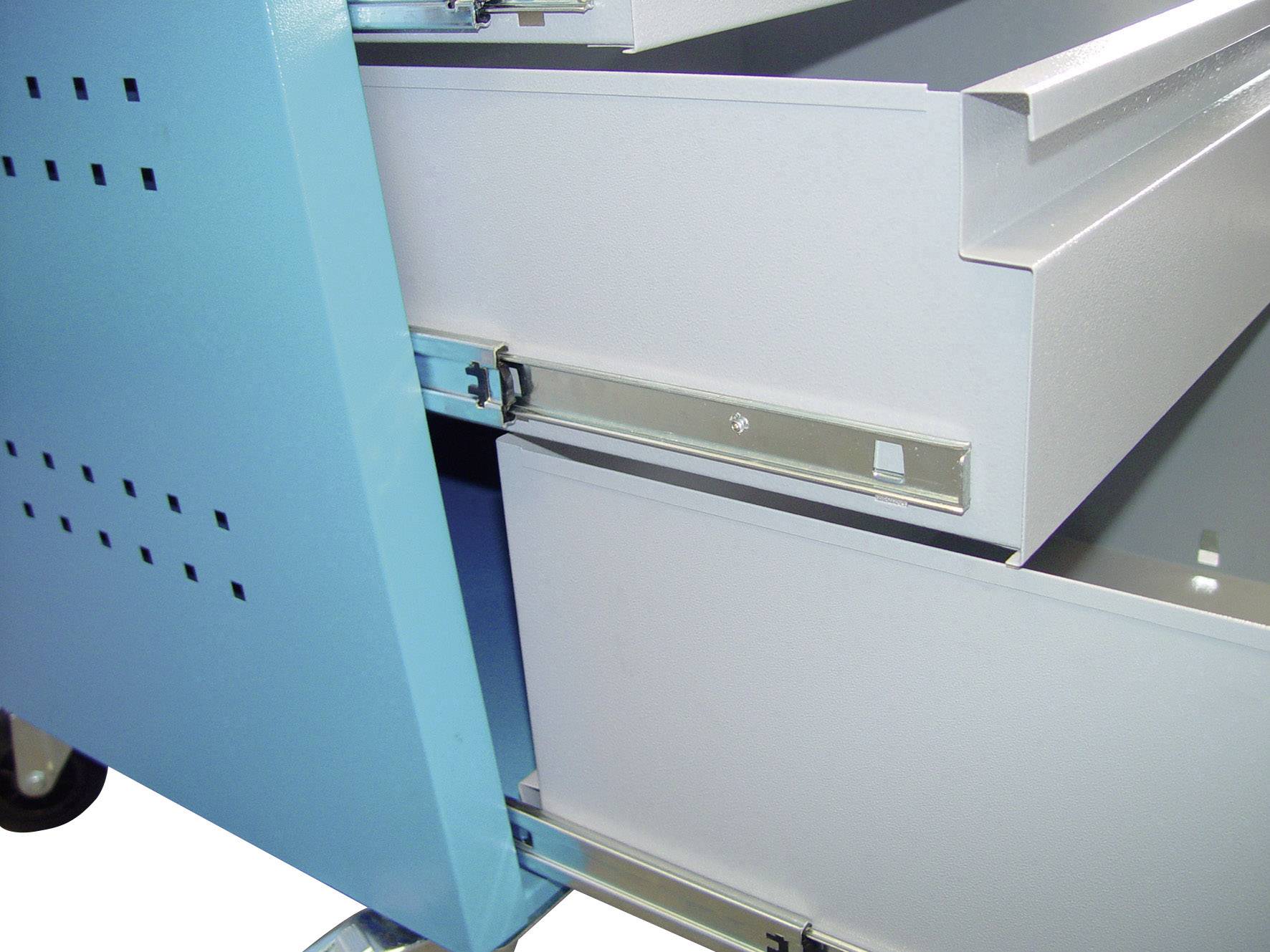 Niebieska szafa z dwoma otwartymi szufladami, prezentującymi solidne metalowe prowadnice.