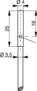Rysunek techniczny cylindrycznego obiektu o średnicach 4 mm i 3,5 mm. Całkowita długość 25 mm, zaznaczony odcinek 18 mm.