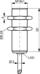 Rysunek cylindrycznego czujnika o wymiarach: 50 mm długości, gwint M18x1, średnica Ø5 mm, sześciokąt SW24, wskaźnik LED.