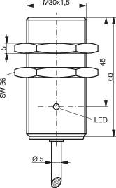 Rysunek techniczny cylindrycznego elementu z wyświetlaczem LED, gwint M30x1,5, całkowita wysokość 60 mm, średnica 5 mm.
