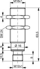 Rysunek techniczny części cylindrycznej o następujących parametrach: wysokość 63,5 mm, gwint M18x1 u góry, gwint M12x1 u dołu, średnica 16 mm.
