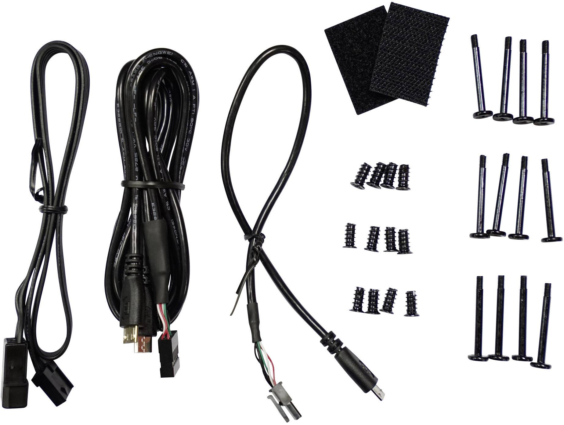 Różne kable i materiały mocujące, w tym kable USB i HDMI, a także śruby i rzepy, na białym tle.