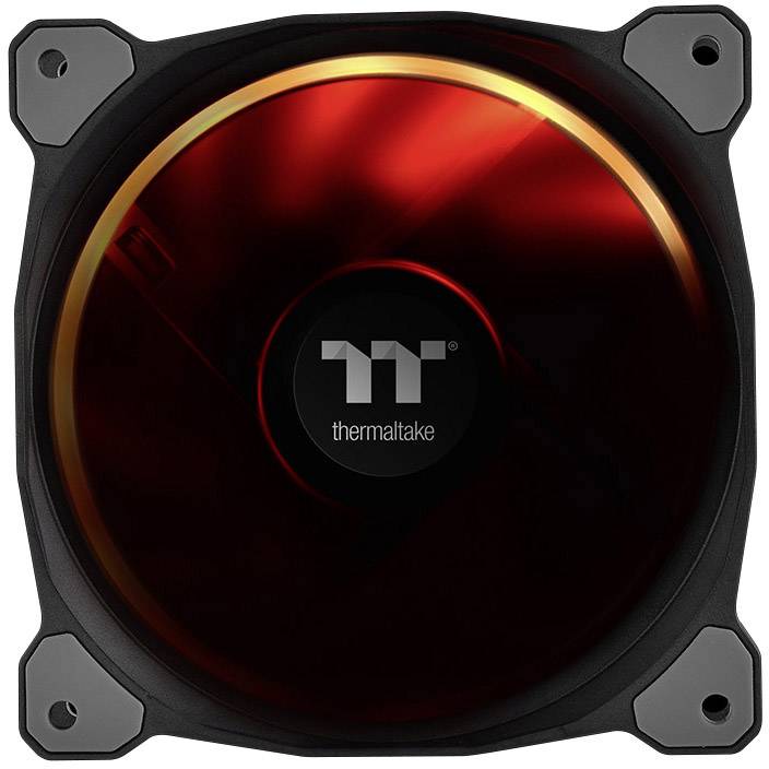 Czerwony wentylator obudowy Thermaltake z czarną ramką.