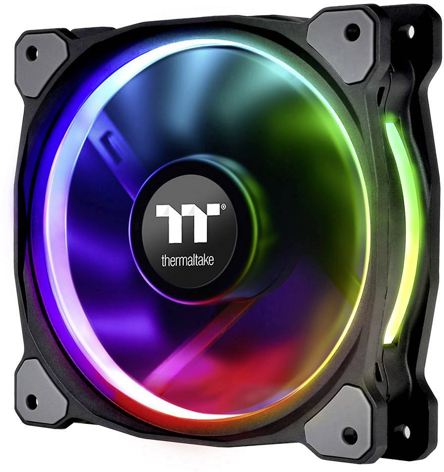 Świecący wentylator obudowy komputera firmy Thermaltake z diodami RGB, które świecą w różnych kolorach.