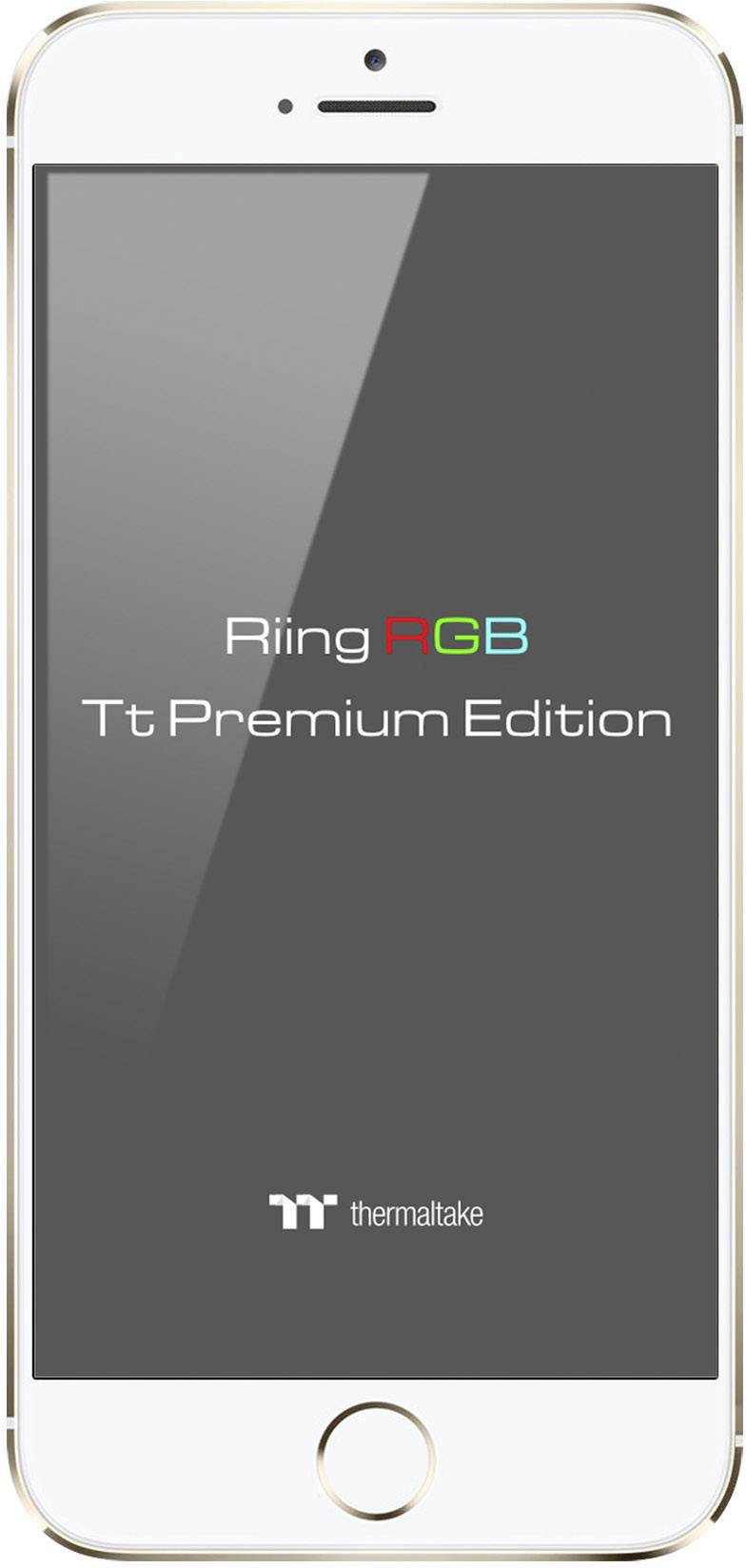 Smartfon wyświetla napis 'Riing RGB Tt Premium Edition' na ciemnym ekranie z logo Thermaltake u dołu.