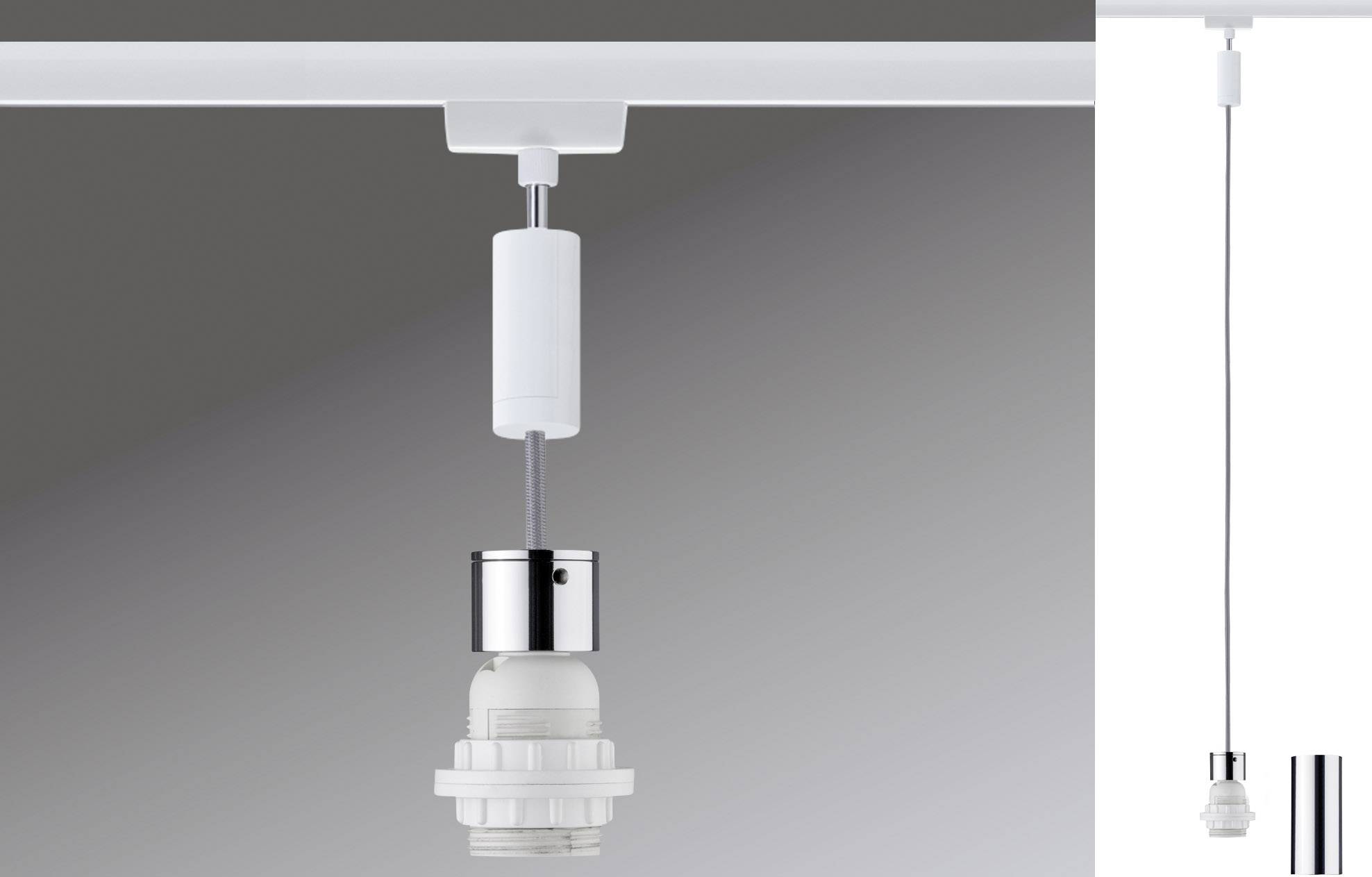 Białe i srebrne zawieszone na listwie sufitowej lampy wiszące bez zainstalowanej żarówki. Tło jest szare.