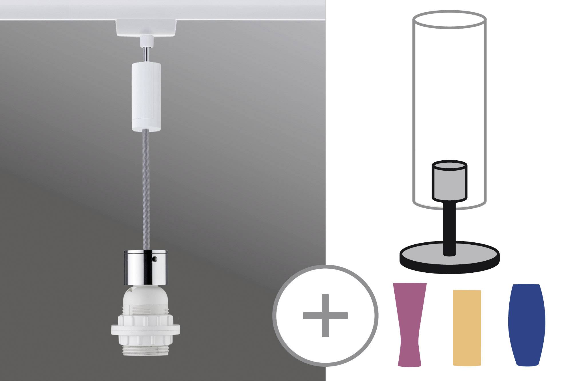'Oprawka lampy z przewodem' po lewej stronie. Po prawej stronie schemat z opcjami wyboru różnych kształtów i kolorów abażurów.