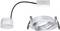 Srebrna oprawa wpuszczana z lampą LED, przewodem przyłączeniowym i zaciskami sprężynowymi do montażu w sufitach lub ścianach.