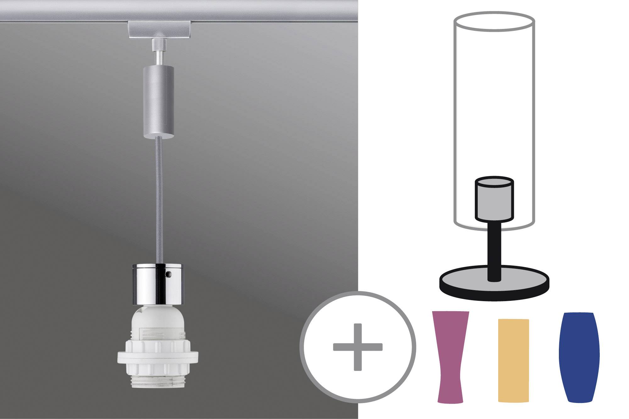 Lampa wisząca z wymiennymi osłonami w różnych kolorach. Prezentuje różnorodne możliwości aranżacji i personalizacji.